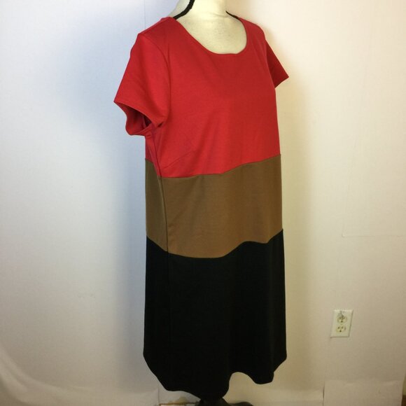 Ann Taylor Loft Dress Sz 16 Womans Red Black Brown Knit Colorblock Short Sleeve - Picture 3 of 12